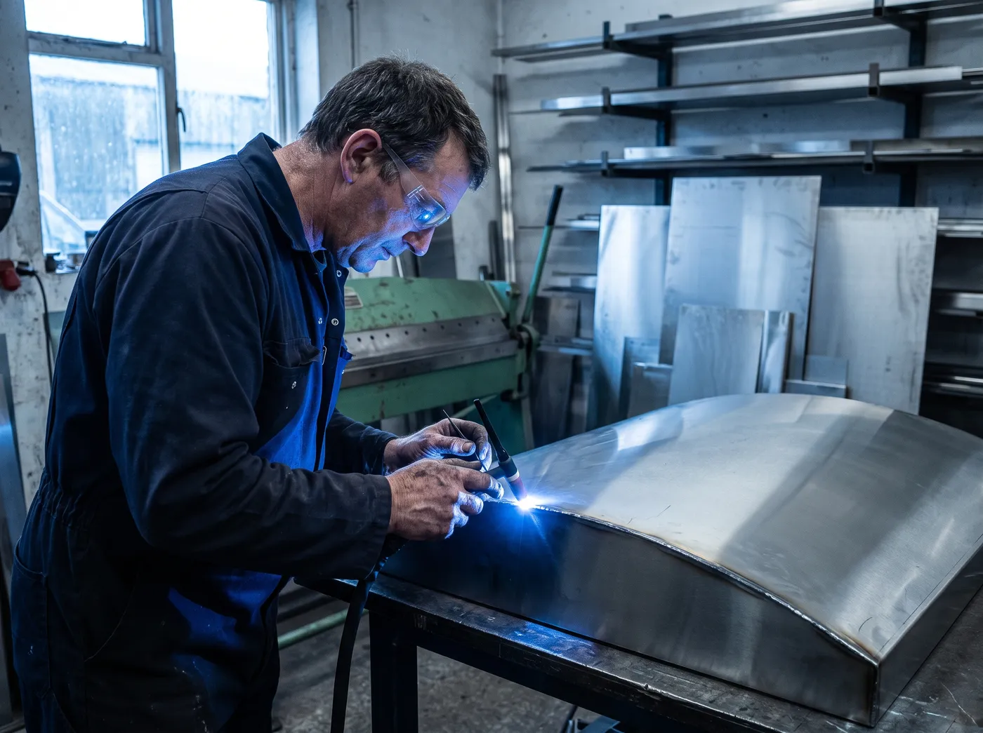 Fabricator TIG welding a stainless steel seam in the workshop