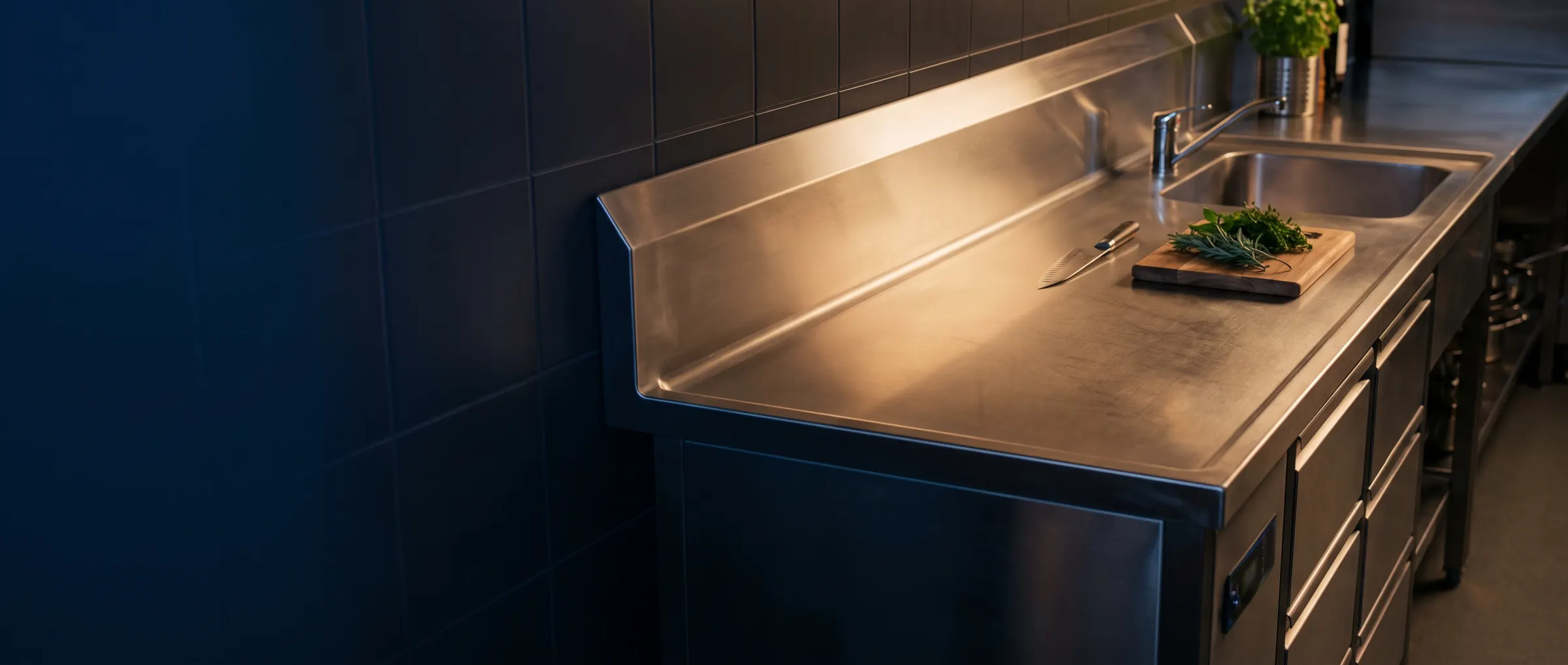 Custom brushed stainless steel worktop with integrated sink in a commercial kitchen