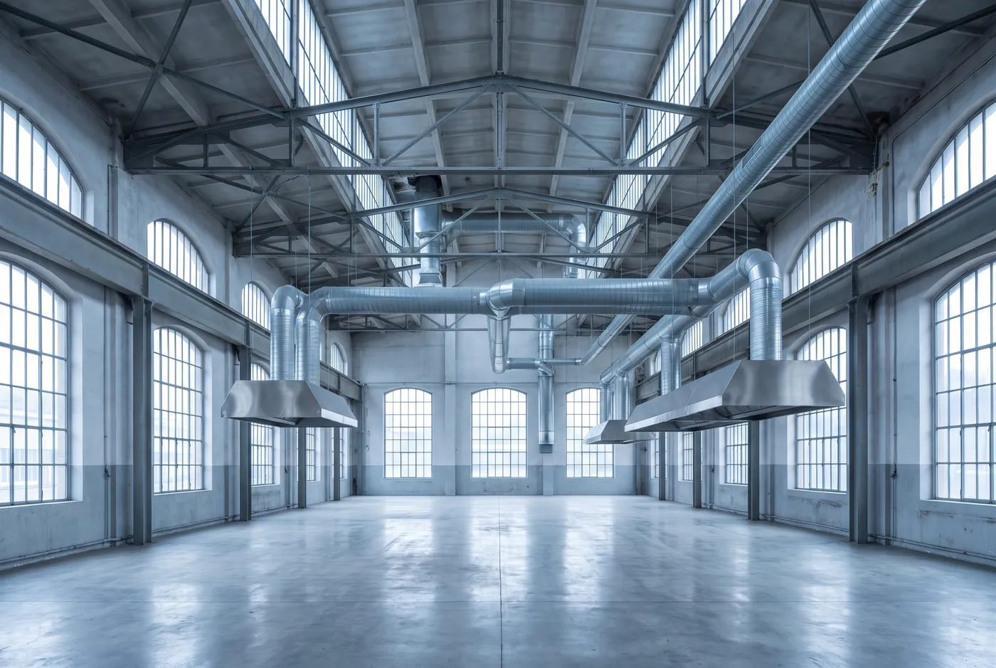 Factory hall with steel ventilation ductwork