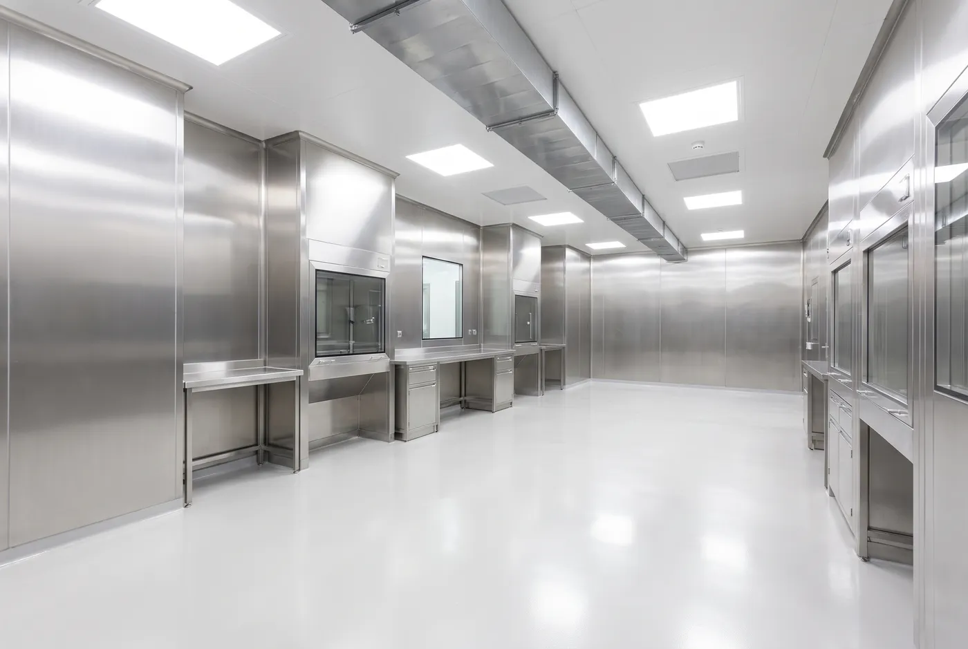 Pharmaceutical cleanroom fitted with stainless steel panels and benches