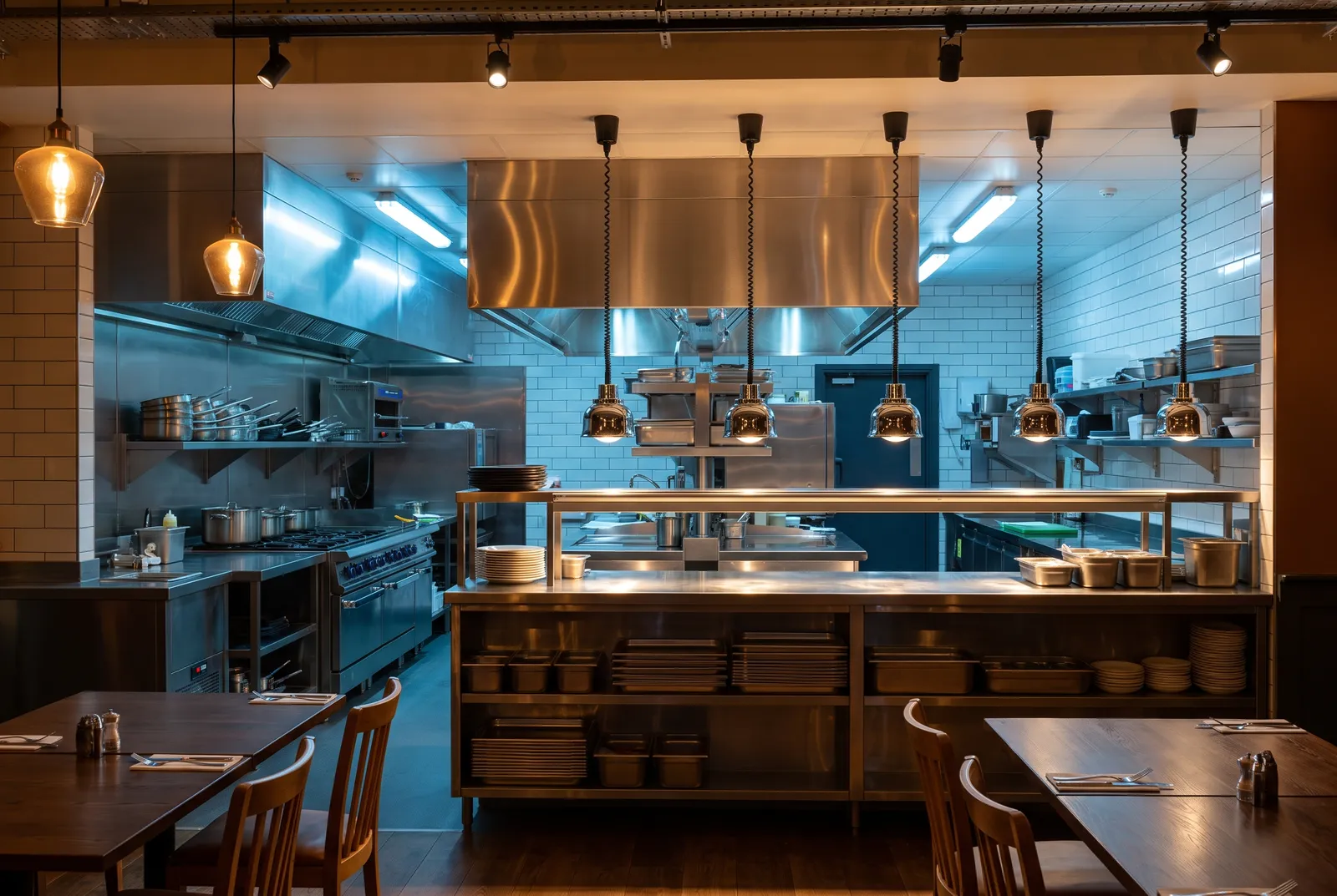 Restaurant open kitchen with stainless pass and extraction canopy